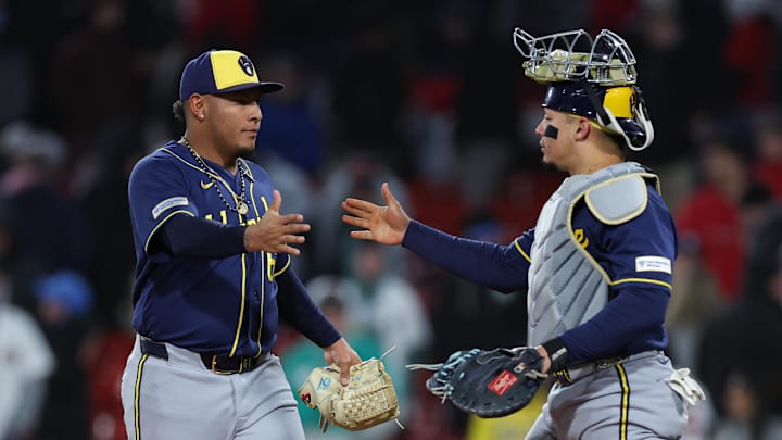 Apr 6, 2026; Boston, Massachusetts, USA; Milwaukee Brewers relief pitcher Angel Zerpa (61) and Milwaukee Brewers catcher William Contreras (24) celebrate after defeating the Boston Red Sox at Fenway Park. Mandatory Credit: Paul Rutherford-Imagn Images