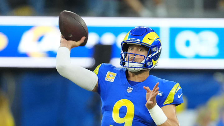 Oct 2, 2025; Inglewood, California, USA; Los Angeles Rams quarterback Matthew Stafford (9) drops back to pass against the San Francisco 49ers during the first half at SoFi Stadium. Mandatory Credit: Kirby Lee-Imagn Images