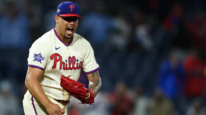 May 23, 2026; Philadelphia, Pennsylvania, USA; Philadelphia Phillies pitcher Jhoan Duran (59) reacts after a strike out to end the game for a win against the Cleveland Guardians at Citizens Bank Park.