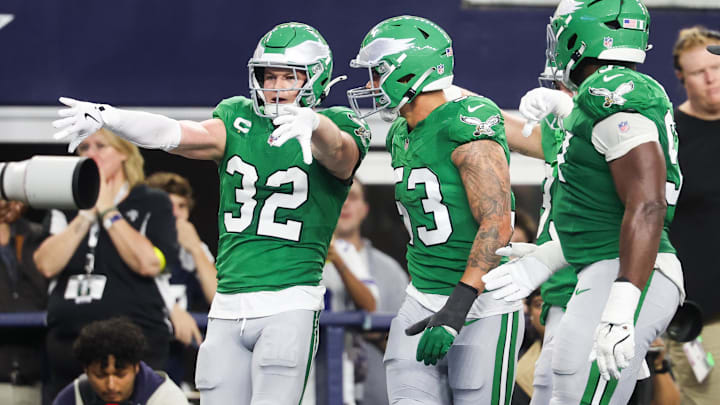 Nov 23, 2025; Arlington, Texas, USA; Philadelphia Eagles safety Reed Blankenship (32) celebrates after an interception in the second quarter at AT&T Stadium. Mandatory Credit: Kevin Jairaj-Imagn Images