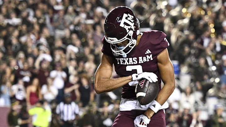 Nov 16, 2024; College Station, Texas, USA; Texas A&M Aggies wide receiver Noah Thomas (3) reacts after scoring a touchdown during the first quarter against the New Mexico State Aggies at Kyle Field. Mandatory Credit: Maria Lysaker-Imagn Images 