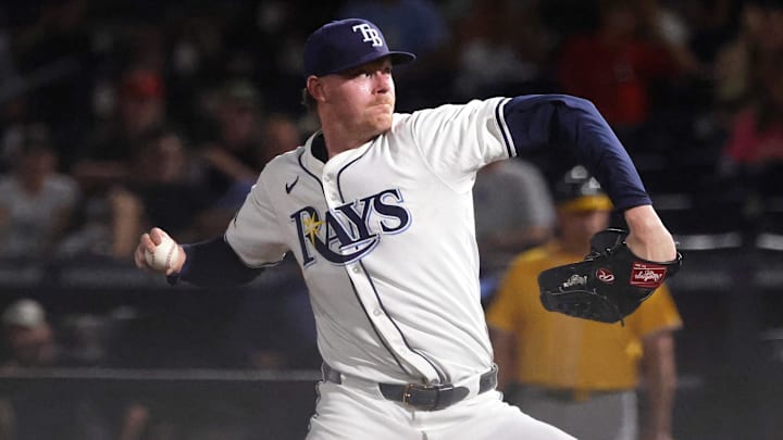 Jun 30, 2025; Tampa, Florida, USA;  Tampa Bay Rays pitcher Pete Fairbanks (29) throws a pitch during the ninth inning against the Athletics at George M. Steinbrenner Field. 