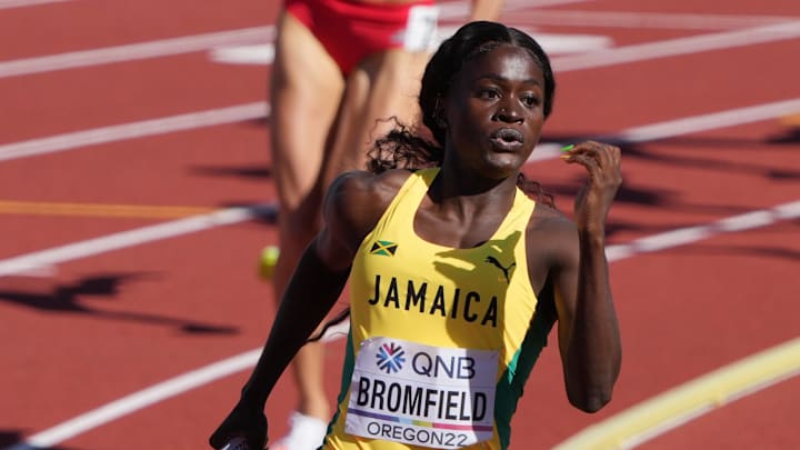 Junelle Bromfield competes in the 4x400 Meters Relay Women during the World Athletics Championships in Oregon. 