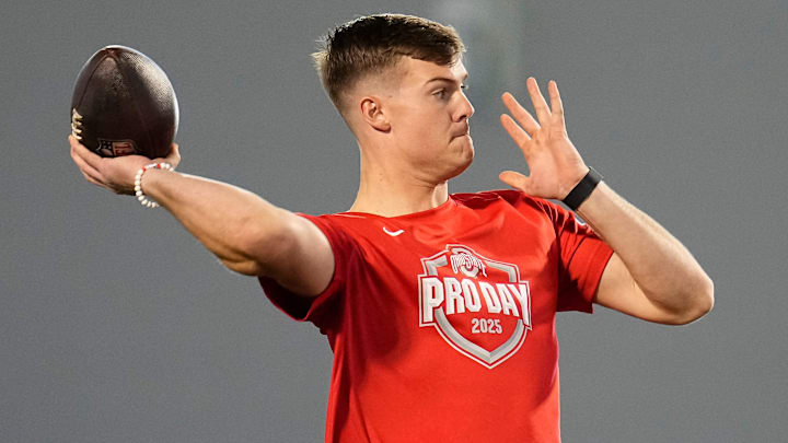 Ohio State Buckeyes quarterback Will Howard throws during the pro day for NFL scouts at the Woody Hayes Athletic Cente on March 26, 2025. Ohio State Buckeyes quarterback Will Howard throws during the pro day for NFL scouts at the Woody Hayes Athletic Cente on March 26, 2025.