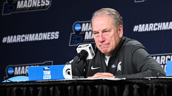 Mar 19, 2026; Buffalo, NY, USA; Michigan State Spartans head coach Tom Izzo speaks at a postgame press conference after the game against the North Dakota State Bison during a first round game of the men's 2026 NCAA Tournament at Keybank Center. Mandatory Credit: Mark Konezny-Imagn Images