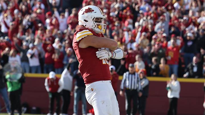 Nov 22, 2025; Ames, Iowa, USA; Iowa State Cyclones tight end Benjamin Brahmer (18) catches a touchdown pass in their game with the Kansas Jayhawks during the second half at Jack Trice Stadium. Mandatory Credit: Reese Strickland-Imagn Images Nov 22, 2025; Ames, Iowa, USA; Iowa State Cyclones tight end Benjamin Brahmer (18) catches a touchdown pass in their game with the Kansas Jayhawks during the second half at Jack Trice Stadium. Mandatory Credit: Reese Strickland-Imagn Images