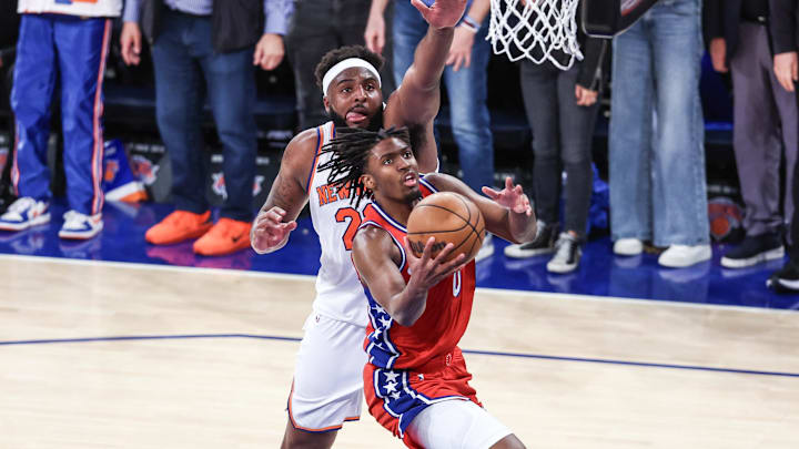 Apr 20, 2024; New York, New York, USA; Philadelphia 76ers guard Tyrese Maxey (0) drives past New Apr 20, 2024; New York, New York, USA; Philadelphia 76ers guard Tyrese Maxey (0) drives past New
