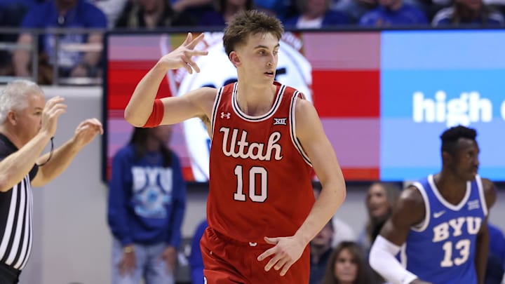 Mar 8, 2025; Provo, Utah, USA; Utah Utes forward Jake Wahlin (10) reacts to a three point shot against the Brigham Young Cougars during the first half at Marriott Center. Mandatory Credit: Rob Gray-Imagn Images