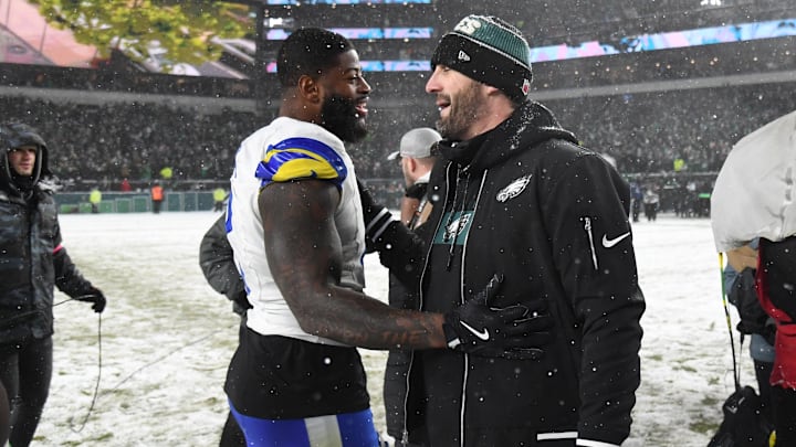 Jan 19, 2025; Philadelphia, Pennsylvania, USA; Los Angeles Rams linebacker Jared Verse (8) greets Philadelphia Eagles head coach Nick Sirianni (right) after the 2025 NFC divisional round game at Lincoln Financial Field. Mandatory Credit: Eric Hartline-Imagn Images Jan 19, 2025; Philadelphia, Pennsylvania, USA; Los Angeles Rams linebacker Jared Verse (8) greets Philadelphia Eagles head coach Nick Sirianni (right) after the 2025 NFC divisional round game at Lincoln Financial Field. Mandatory Credit: Eric Hartline-Imagn Images
