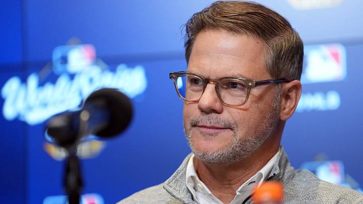 Oct 24, 2025; Toronto, Ontario, CAN; Toronto Blue Jays executive vice president and general manager Ross Atkins speaks to the media before game one of the 2025 MLB World Series against the Los Angeles Dodgers at Rogers Centre. Mandatory Credit: Nick Turchiaro-Imagn Images