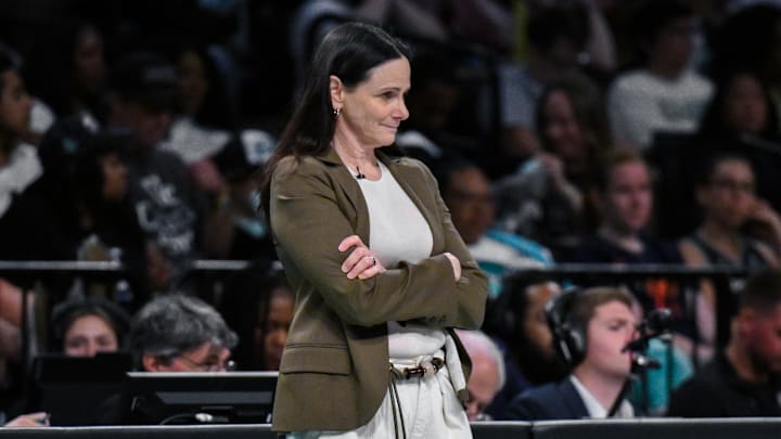 Aug 10, 2025; Brooklyn, New York, USA; New York Liberty head coach Sandy Brondello looks on during the first half against the Minnesota Lynx at Barclays Center. Mandatory Credit: John Jones-Imagn Images