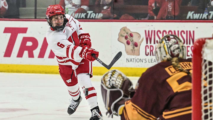 Wisconsin Badgers right wing Lacey Eden (6) shoots against the Minnesota Gophers in a game Sunday, February 9, 2025, at LaBahn Arena in Madison, Wisconsin.