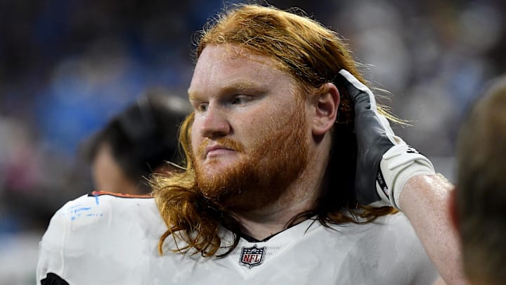 Sep 15, 2024; Detroit, Michigan, USA; Tampa Bay Buccaneers guard Cody Mauch (69) looks on before their game against the Detroit Lions at Ford Field. Mandatory Credit: Eamon Horwedel-Imagn Images