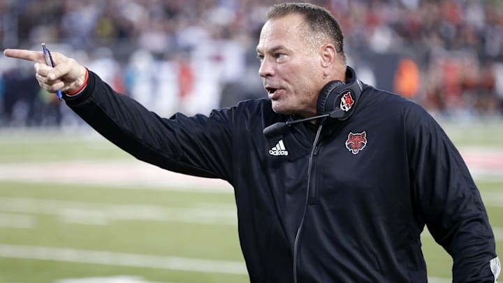 Oct 7, 2021; Jonesboro, Arkansas, USA; Arkansas State Red Wolves head coach Butch Jones gestures during the first half against the Coastal Carolina Chanticleers at Centennial Bank Stadium. Mandatory Credit: Petre Thomas-Imagn Images
