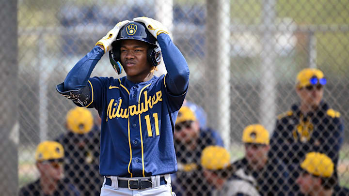 Milwaukee Brewers shortstop prospect Jesus Made prepares to hit during spring training workouts Monday, February 17, 2025, at American Family Fields of Phoenix in Phoenix, Arizona.