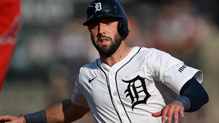 Aug 9, 2025; Detroit, Michigan, USA;  Detroit Vierling (8) hustles back to first base to avoid being doubled off on a fly ball to deep right field against the Los Angeles Angels in the second inning at Comerica Park. 