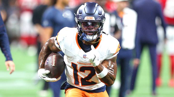 ATLANTA, GA - AUGUST 14: RJ Harvey (12) of the Denver Broncos warms up before the Friday evening NFL, American Football Herren, USA preseason football game between the Atlanta Falcons and the Denver Broncos on August 14, 2026 at Mercedes-Benz Stadium in Atlanta, Georgia. ATLANTA, GA - AUGUST 14: RJ Harvey (12) of the Denver Broncos warms up before the Friday evening NFL, American Football Herren, USA preseason football game between the Atlanta Falcons and the Denver Broncos on August 14, 2026 at Mercedes-Benz Stadium in Atlanta, Georgia.