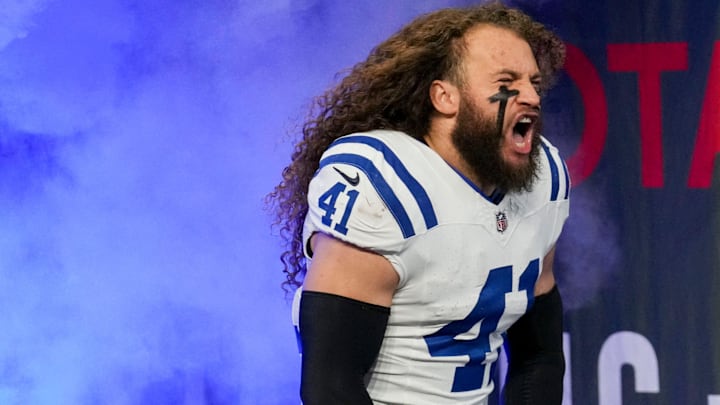 Indianapolis Colts linebacker Grant Stuard (41) takes the field Sunday, Dec. 22, 2024, ahead of a game against the Tennessee Titans at Lucas Oil Stadium in Indianapolis. Indianapolis Colts linebacker Grant Stuard (41) takes the field Sunday, Dec. 22, 2024, ahead of a game against the Tennessee Titans at Lucas Oil Stadium in Indianapolis.