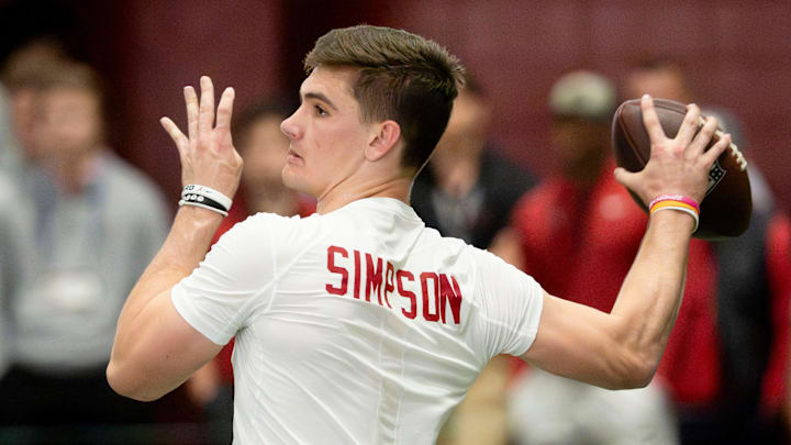 March 25, 2026; Tuscaloosa, AL, USA; Quarterback Ty Simpson throws during Pro Day in the Hank Crisp Indoor Practice Facility at the University of Alabama.