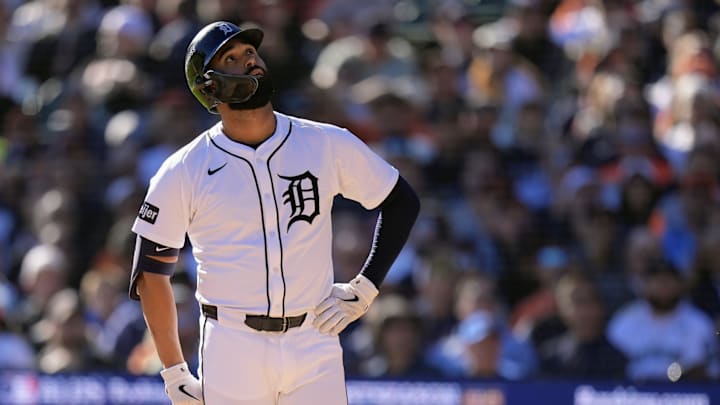 Riley Greene watching a foul ball he hit during game 4 of the ALDS against the Mariners