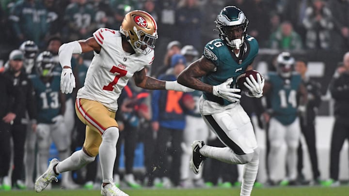 Dec 3, 2023; Philadelphia, Pennsylvania, USA; Philadelphia Eagles wide receiver Quez Watkins (16) makes a catch against San Francisco 49ers cornerback Charvarius Ward (7) during the first quarter at Lincoln Financial Field.