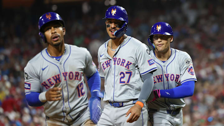 Sep 13, 2024; Philadelphia, Pennsylvania, USA; New York Mets outfielder Brandon Nimmo (9) celebrates with third base Mark Vientos (27) and shortstop Francisco Lindor (12) after hitting a three run home run during the fifth inning against the Philadelphia Phillies at Citizens Bank Park. Mandatory Credit: Bill Streicher-Imagn Images Sep 13, 2024; Philadelphia, Pennsylvania, USA; New York Mets outfielder Brandon Nimmo (9) celebrates with third base Mark Vientos (27) and shortstop Francisco Lindor (12) after hitting a three run home run during the fifth inning against the Philadelphia Phillies at Citizens Bank Park. Mandatory Credit: Bill Streicher-Imagn Images