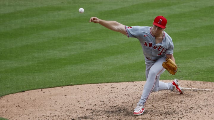 Aug 29, 2024; Detroit, Michigan, USA; Los Angeles Angels pitcher Ben Joyce (44) pitches in the ninth inning against the Detroit Tigers at Comerica Park. Mandatory Credit: Rick Osentoski-Imagn Images Aug 29, 2024; Detroit, Michigan, USA; Los Angeles Angels pitcher Ben Joyce (44) pitches in the ninth inning against the Detroit Tigers at Comerica Park. Mandatory Credit: Rick Osentoski-Imagn Images