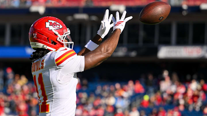 Dec 21, 2025; Nashville, Tennessee, USA;  Kansas City Chiefs wide receiver Jalen Royals (11) makes a catch against the Tennessee Titans during pre-game warmups at Nissan Stadium.