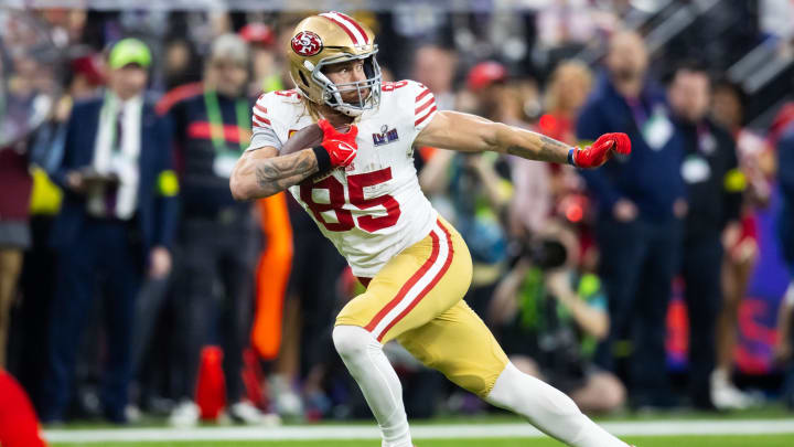 Feb 11, 2024; Paradise, Nevada, USA; San Francisco 49ers tight end George Kittle (85) against the Kansas City Chiefs in Super Bowl LVIII at Allegiant Stadium. Mandatory Credit: Mark J. Rebilas-USA TODAY Sports Feb 11, 2024; Paradise, Nevada, USA; San Francisco 49ers tight end George Kittle (85) against the Kansas City Chiefs in Super Bowl LVIII at Allegiant Stadium. Mandatory Credit: Mark J. Rebilas-USA TODAY Sports