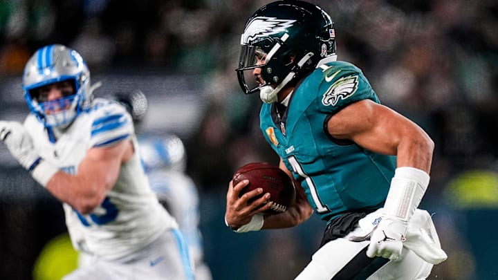 Philadelphia Eagles quarterback Jalen Hurts (1) runs against Detroit Lions during the second half at Lincoln Financial Field in Philadelphia on Sunday, November 16, 2025. Philadelphia Eagles quarterback Jalen Hurts (1) runs against Detroit Lions during the second half at Lincoln Financial Field in Philadelphia on Sunday, November 16, 2025.
