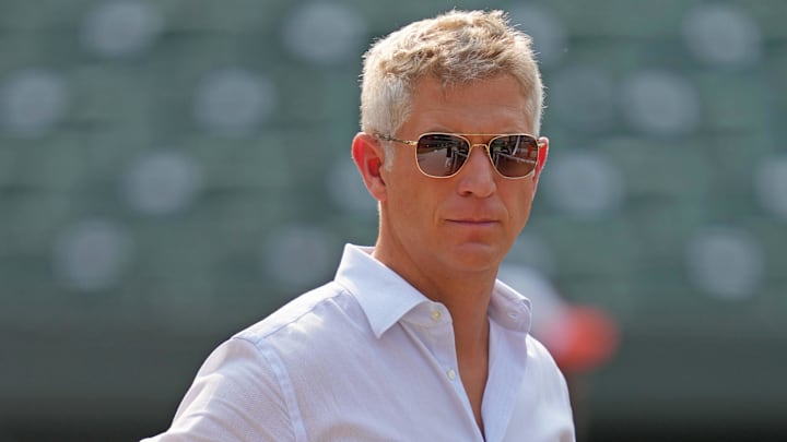 Jul 18, 2023; Baltimore, Maryland, USA; Baltimore Orioles general manager Mike Elias on field prior to the game against the Los Angeles Dodgers at Oriole Park at Camden Yards