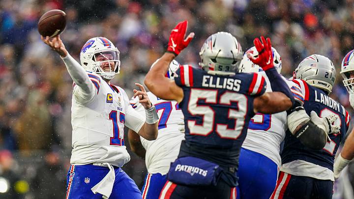 Dec 14, 2025; Foxborough, Massachusetts, USA; Buffalo Bills quarterback Josh Allen (17) passes the ball against the New England Patriots in the second half at Gillette Stadium. Mandatory Credit: David Butler II-Imagn Images