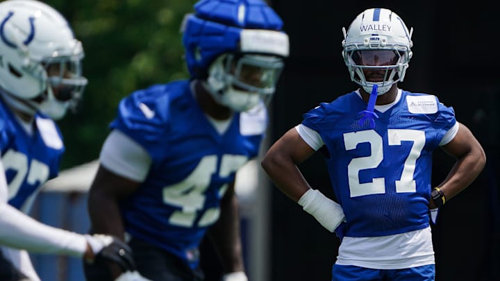 Indianapolis Colts cornerback Justin Walley (27) stands on the field Tuesday, June 10, 2025, during NFL Colts mandatory mini camp at the Indiana Farm Bureau Football Center in Indianapolis.