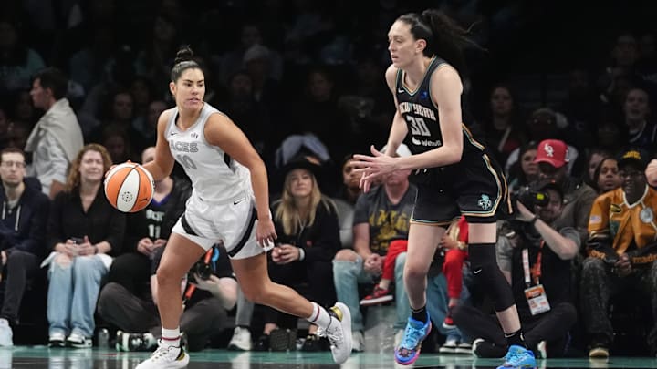 Sep 29, 2024; Brooklyn, New York, USA; Las Vegas Aces guard Kelsey Plum (10) dribbles the ball against New York Liberty forward Breanna Stewart (30) during game one of the 2024 WNBA Semi-finals at Barclays Center. Mandatory Credit: Gregory Fisher-Imagn Images Sep 29, 2024; Brooklyn, New York, USA; Las Vegas Aces guard Kelsey Plum (10) dribbles the ball against New York Liberty forward Breanna Stewart (30) during game one of the 2024 WNBA Semi-finals at Barclays Center. Mandatory Credit: Gregory Fisher-Imagn Images