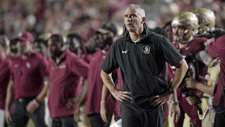 Oct 5, 2024; Tallahassee, Florida, USA; Florida State Seminoles head coach Mike Norvell during the second half against the Clemson Tigers at Doak S. Campbell Stadium. Mandatory Credit: Melina Myers-Imagn Images