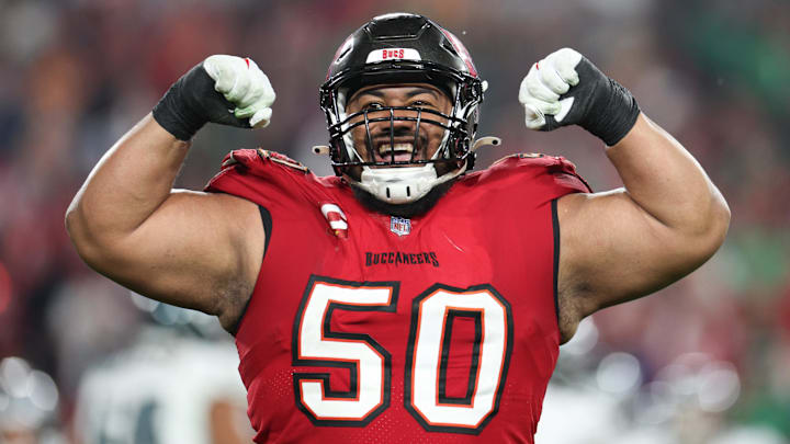 Jan 15, 2024; Tampa, Florida, USA; Tampa Bay Buccaneers defensive tackle Vita Vea (50) reacts after a play against the Philadelphia Eagles during the second half of a 2024 NFC wild card game at Raymond James Stadium. Mandatory Credit: Nathan Ray Seebeck-Imagn Images