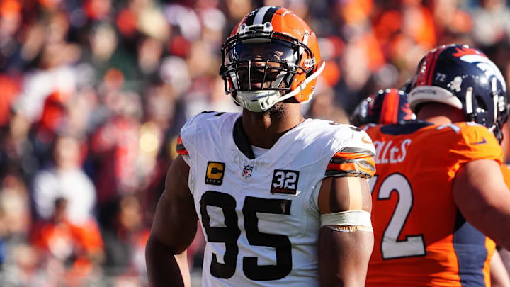 Nov 26, 2023; Denver, Colorado, USA; Cleveland Browns defensive end Myles Garrett (95) during a video review in the first quarter against the Denver Broncos at Empower Field at Mile High. 