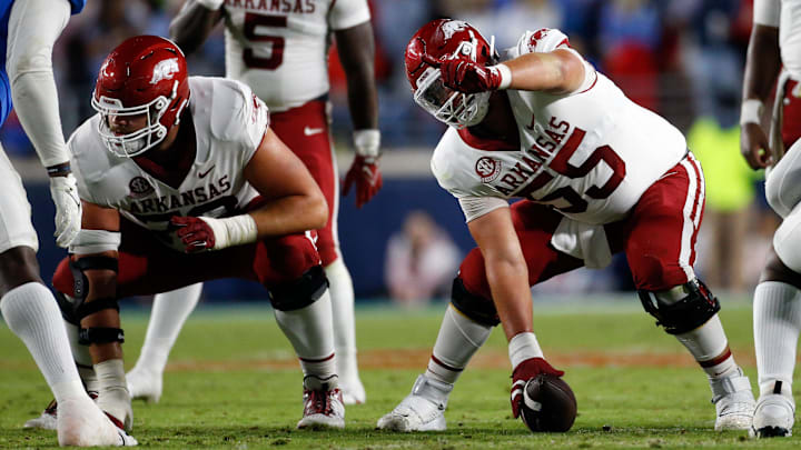 Oct 7, 2023; Oxford, Mississippi, USA; Arkansas Razorbacks offensive linemen Beaux Limmer (55) gives