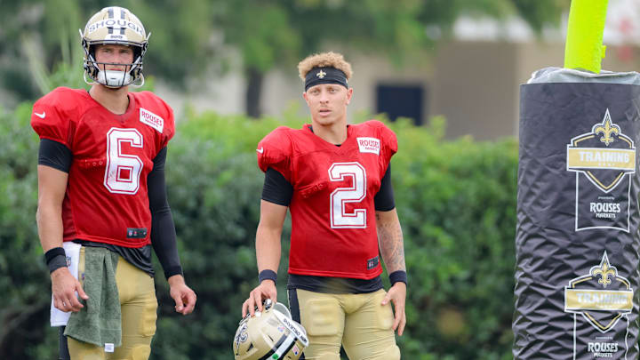 Quarterbacks Tyler Shough (6) and Spencer Rattler (2) at New Orleans Saints Training Camp