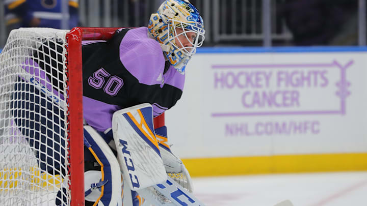 Nov 1, 2019; St. Louis, MO, USA; St. Louis Blues goaltender Jordan Binnington (50) warms up wearing a Hockey Fights Cancer sweater prior to a game against the Columbus Blue Jackets at Enterprise Center. Mandatory Credit: Billy Hurst-Imagn Images Nov 1, 2019; St. Louis, MO, USA; St. Louis Blues goaltender Jordan Binnington (50) warms up wearing a Hockey Fights Cancer sweater prior to a game against the Columbus Blue Jackets at Enterprise Center. Mandatory Credit: Billy Hurst-Imagn Images