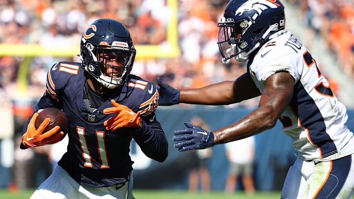 Oct 1, 2023; Chicago, Illinois, USA; Chicago Bears wide receiver Darnell Mooney (11) runs the ball