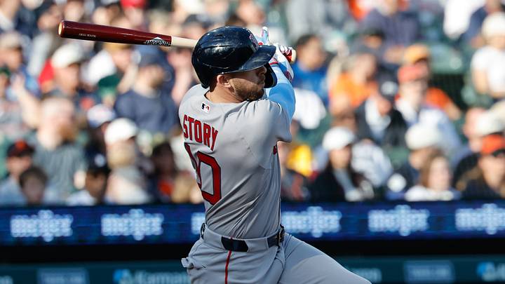 May 4, 2026; Detroit, Michigan, USA; Boston Red Sox shortstop Trevor Story (10) hits a single in the first inning against the Detroit Tigers at Comerica Park. Mandatory Credit: Rick Osentoski-Imagn Images May 4, 2026; Detroit, Michigan, USA; Boston Red Sox shortstop Trevor Story (10) hits a single in the first inning against the Detroit Tigers at Comerica Park. Mandatory Credit: Rick Osentoski-Imagn Images