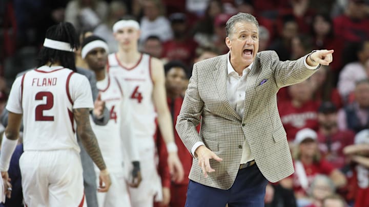 Jan 11, 2025; Fayetteville, Arkansas, USA; Arkansas Razorbacks head coach John Calipari reacts during the second half against the Florida Gators at Bud Walton Arena. Florida won 71-63. Mandatory Credit: Nelson Chenault-Imagn Images