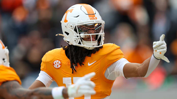 Nov 29, 2025; Knoxville, Tennessee, USA;  Tennessee Volunteers wide receiver Chris Brazzell II (17) celebrates a touchdown against the Vanderbilt Commodores during the first half at Neyland Stadium. Mandatory Credit: Randy Sartin-Imagn Images