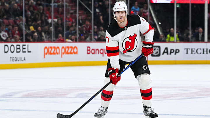 Feb 8, 2025; Montreal, Quebec, CAN; New Jersey Devils defenseman Dougie Hamilton (7) tracks the play against the Montreal Canadiens during the third period at Bell Centre. Mandatory Credit: David Kirouac-Imagn Images Feb 8, 2025; Montreal, Quebec, CAN; New Jersey Devils defenseman Dougie Hamilton (7) tracks the play against the Montreal Canadiens during the third period at Bell Centre. Mandatory Credit: David Kirouac-Imagn Images