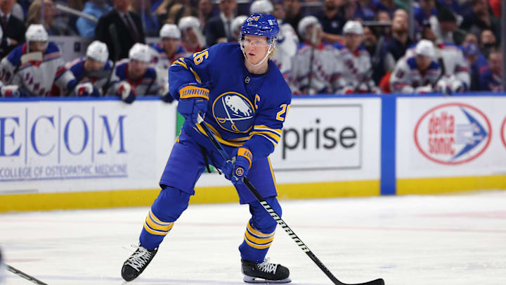 Feb 22, 2025; Buffalo, New York, USA;  Buffalo Sabres defenseman Rasmus Dahlin (26) looks to make a pass during the second period against the New York Rangers at KeyBank Center. Mandatory Credit: Timothy T. Ludwig-Imagn Images
