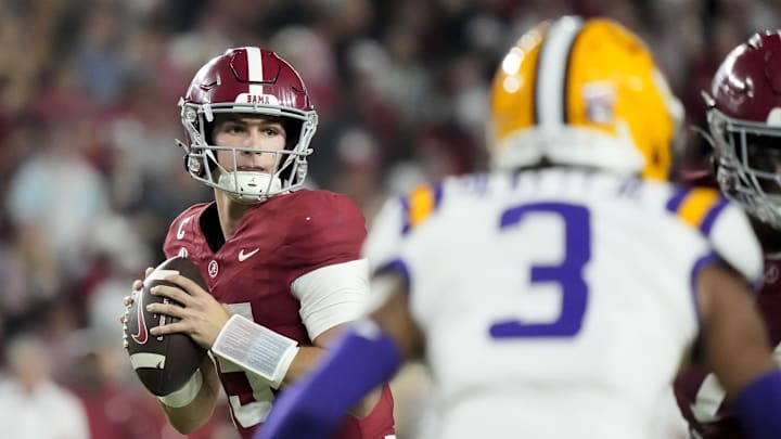 Nov 8, 2025; Tuscaloosa, Alabama, USA;  Alabama quarterback Ty Simpson (15) looks to pass against LSU at Saban Field at Bryant-Denny Stadium. 