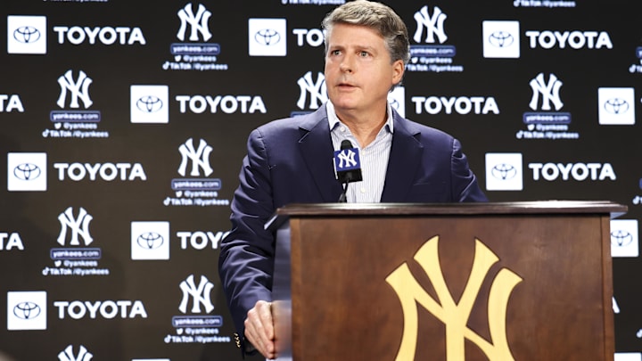 Dec 21, 2022; Bronx, New York, USA; Hal Steinbrenner during a press conference at Yankee Stadium. Mandatory Credit: Jessica Alcheh-USA TODAY Sports