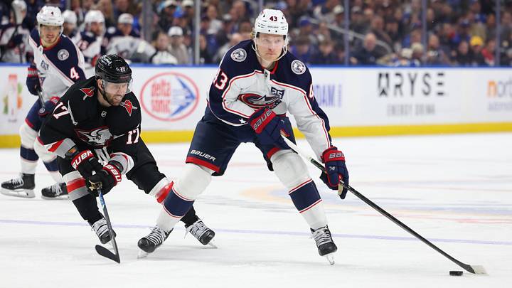 Apr 9, 2026; Buffalo, New York, USA; Columbus Blue Jackets left wing Danton Heinen (43) looks to make a pass as Buffalo Sabres left wing Jason Zucker (17) defends during the third period at KeyBank Center. Mandatory Credit: Timothy T. Ludwig-Imagn Images Apr 9, 2026; Buffalo, New York, USA; Columbus Blue Jackets left wing Danton Heinen (43) looks to make a pass as Buffalo Sabres left wing Jason Zucker (17) defends during the third period at KeyBank Center. Mandatory Credit: Timothy T. Ludwig-Imagn Images