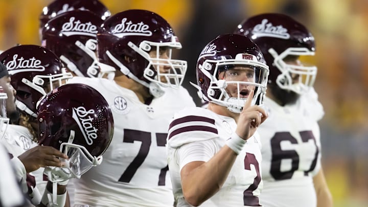 Mississippi State Bulldogs quarterback Blake Shapen (2) against the Arizona State Sun Devils at Mountain America Stadium.